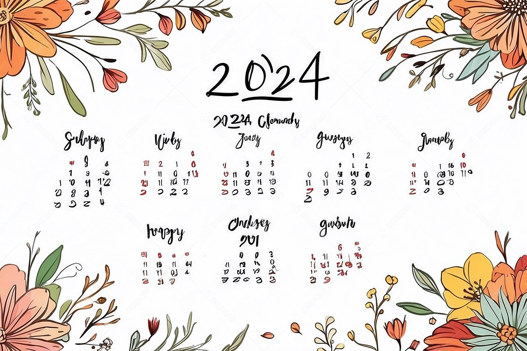 Modelo textura planta calendário 2024 IA generativa  fundo branco isolado