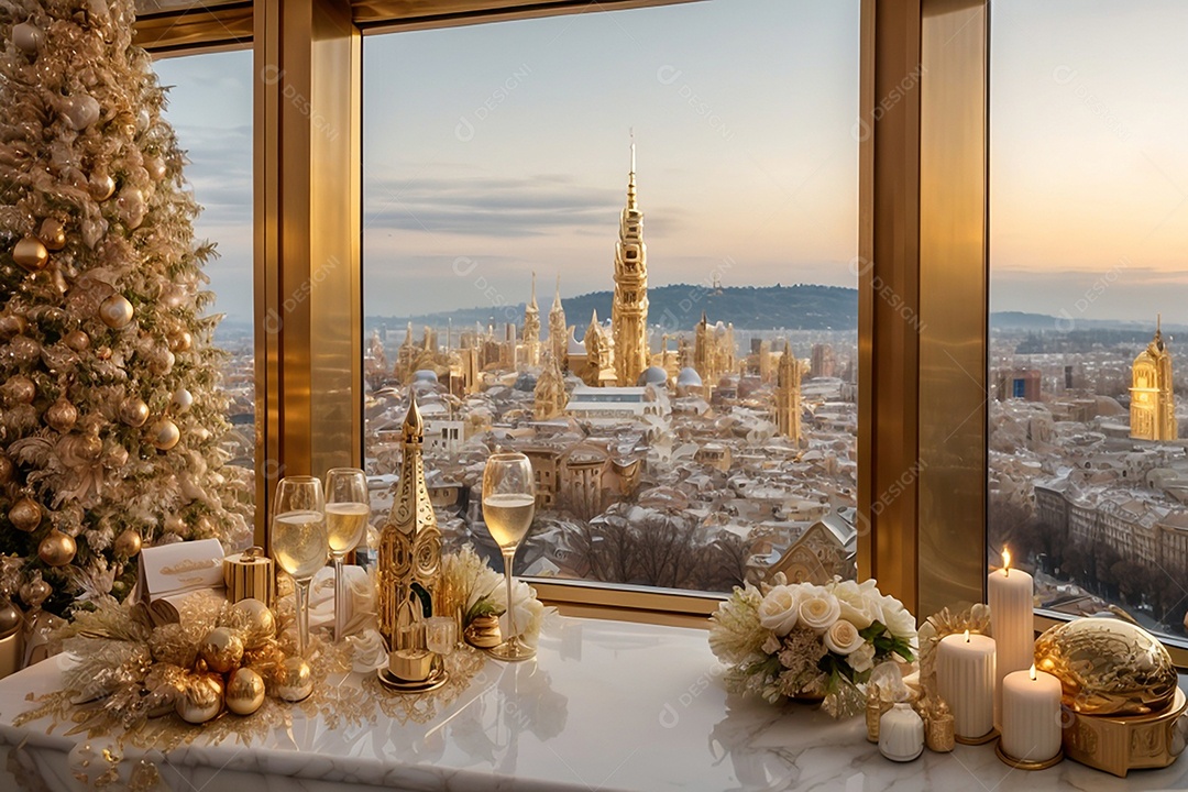 Cartão de mídia social do Dia de Ano Novo com construção e mar espaço para texto IA generativa