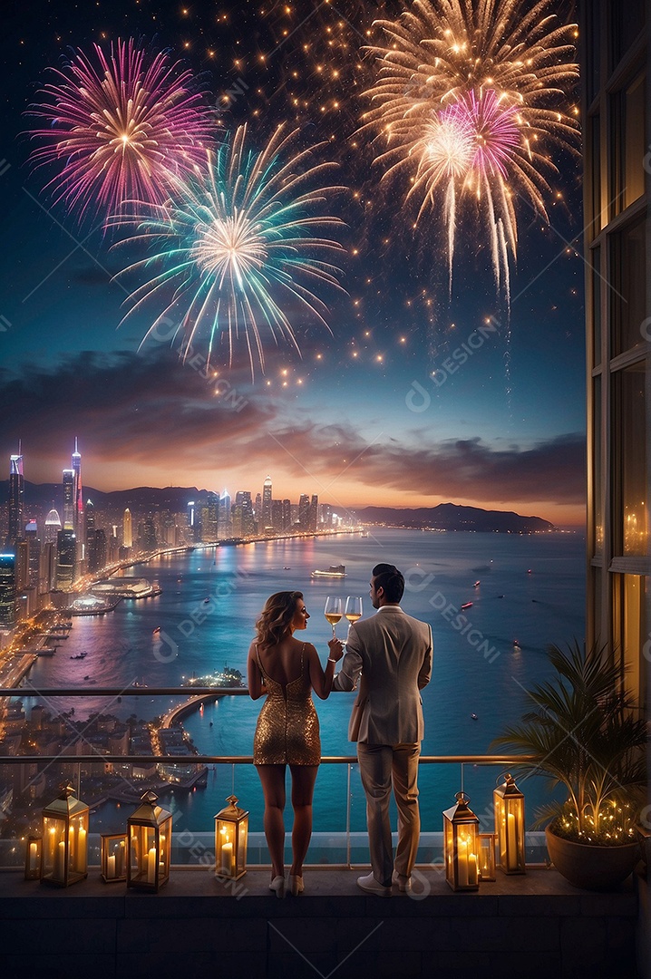Dia de Ano Novo casal fofo comemorando com vivas fogos de artifício edifício e mar no fundo IA generativa