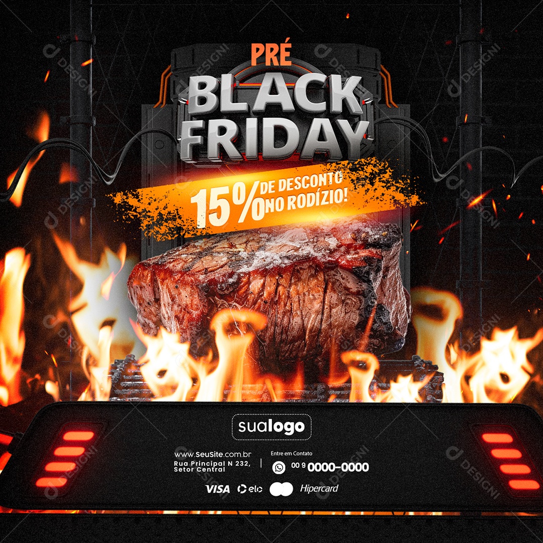 Pré Black Friday Churrascaria 15% De Desconto no Rodízio Social Media PSD Editável