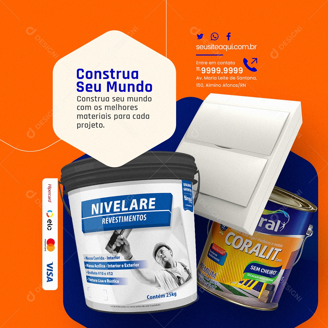 Materiais de Construção Construa seu Mundo Apagador Lata de Tintas Massa Social Media PSD Editável