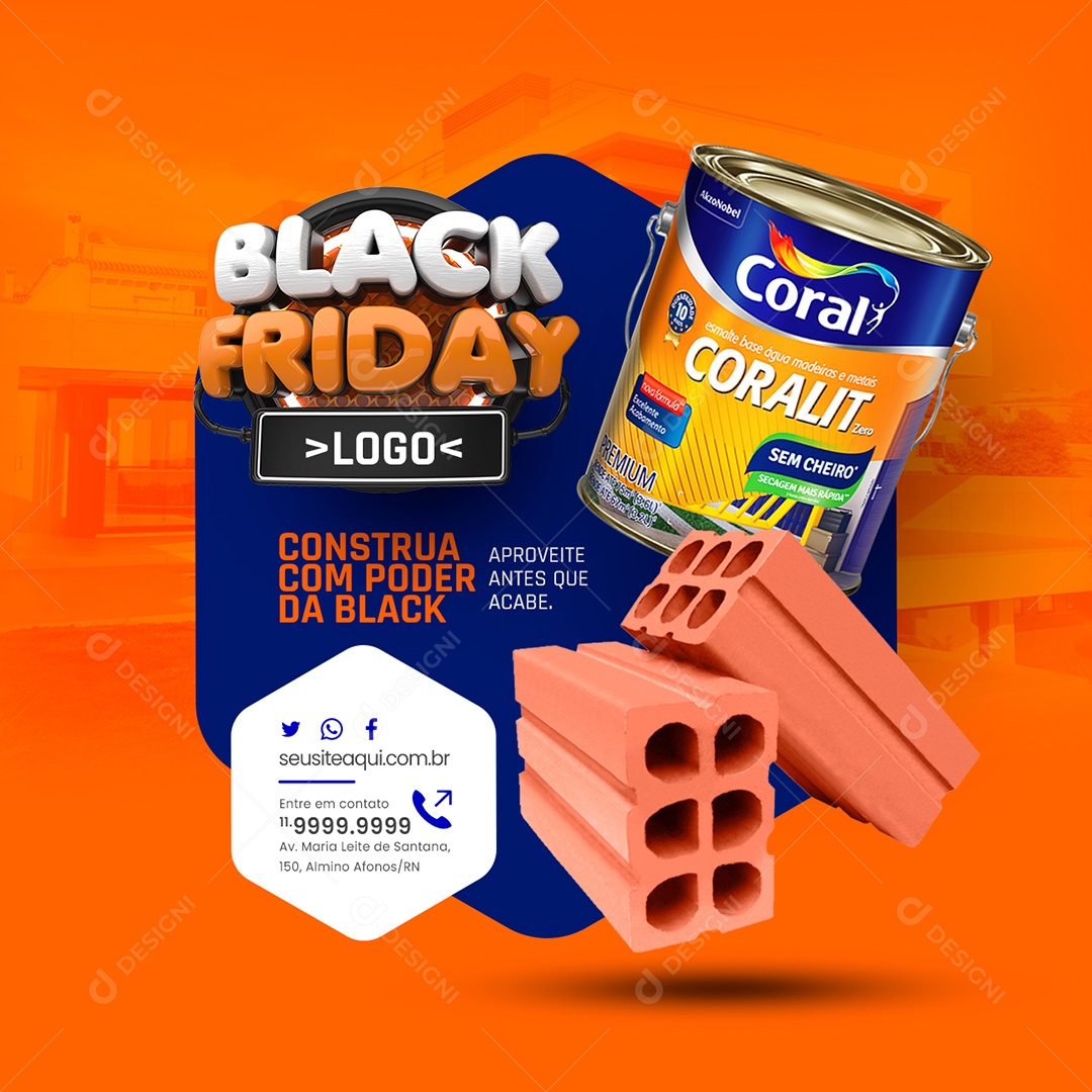 Materiais de Construção Black Friday Construa com Poder da Black Tinta Tijolos Social Media PSD Editável