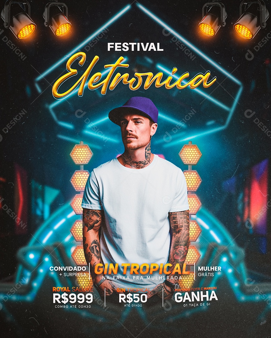 Flyer Festival Eletrônica Gin Tropical Social Media PSD Editável