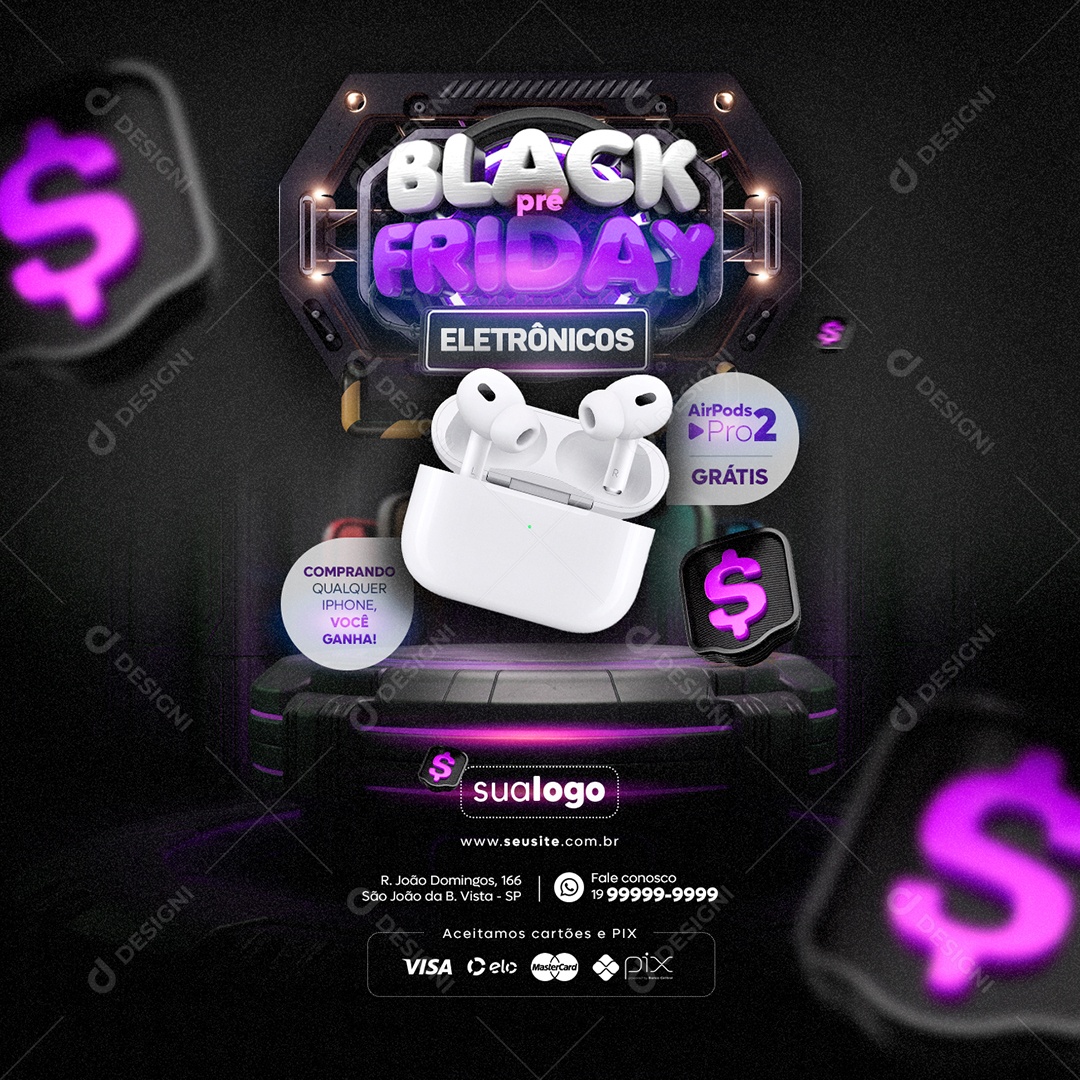 Eletrônicos Pré Black Friday Air Pods Pro 2 Grátis Comprando Qualquer Iphone Você Ganha Social Media PSD Editável