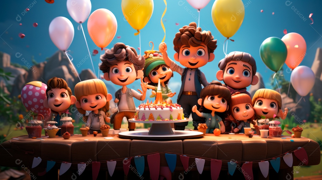 Personagens de desenhos animados comemorando uma festa de aniversário em estilo 3D.