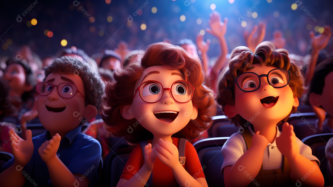 Personagens de desenhos animados se apresentando no palco em estilo 3D.