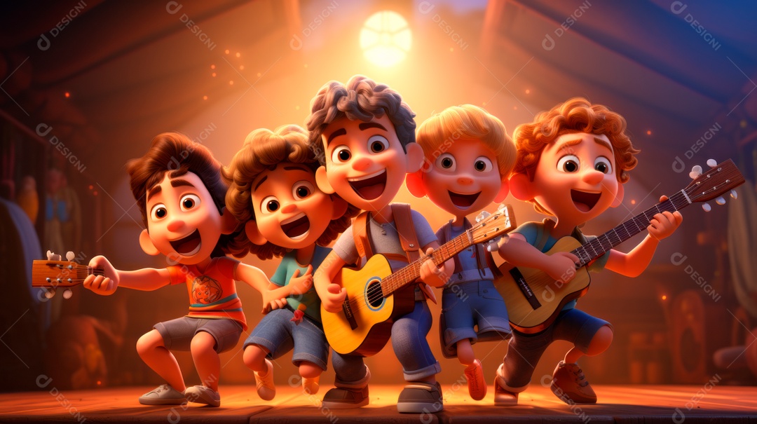 Personagens de desenhos animados cantando e tocando música em um cenário 3D.