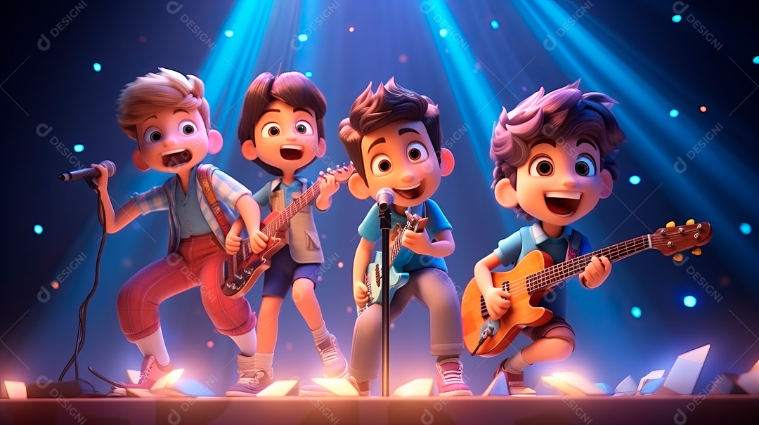 Personagens de desenhos animados cantando e tocando música em um cenário 3D.