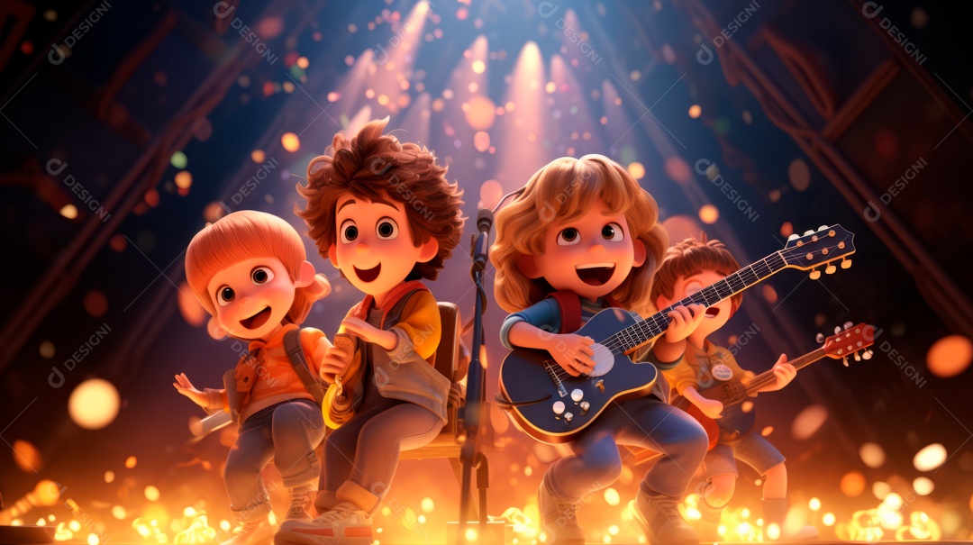 Personagens de desenhos animados cantando e tocando música em um cenário 3D.