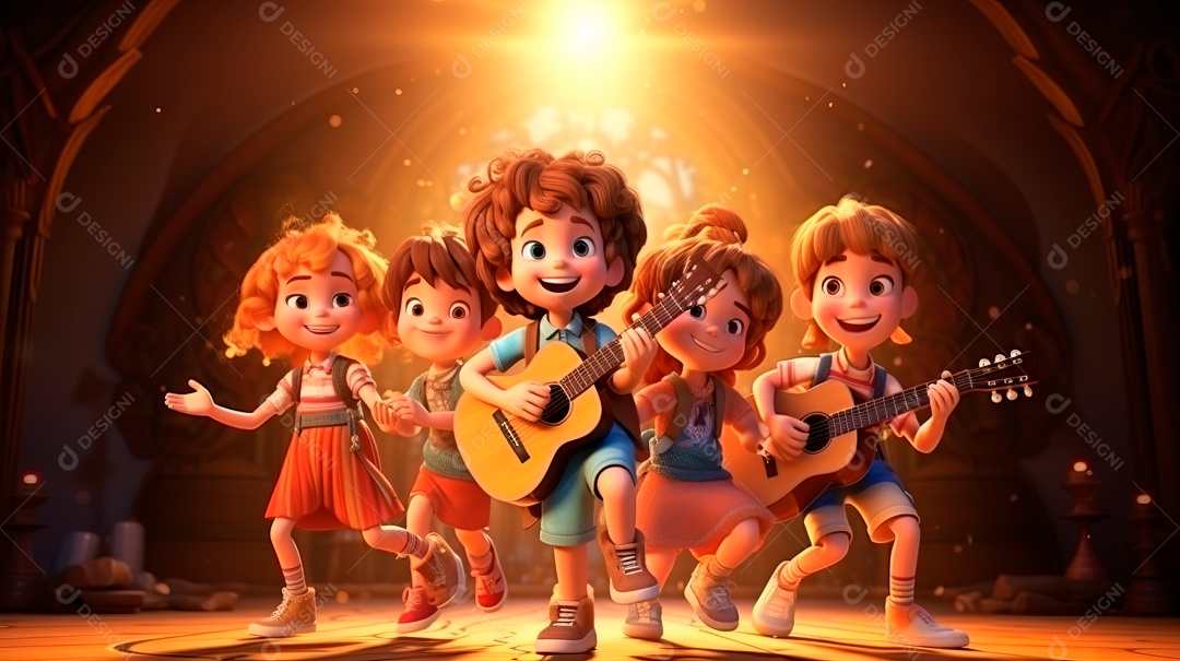 Personagens de desenhos animados cantando e tocando música em um cenário 3D.