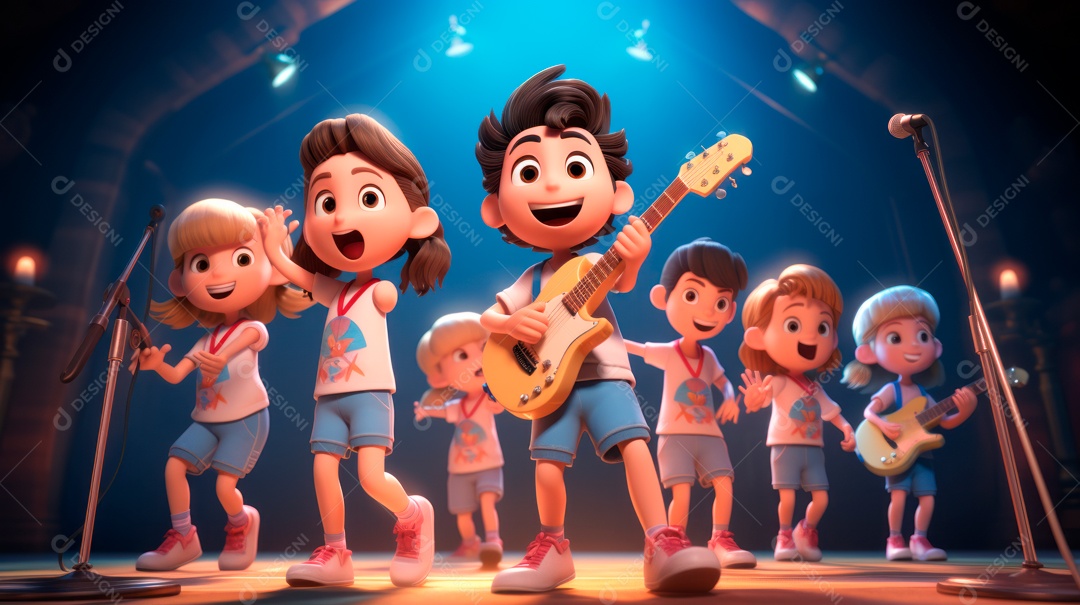 Personagens de desenhos animados cantando e tocando música em um cenário 3D.