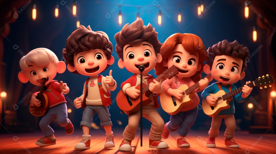 Personagens de desenhos animados cantando e tocando música em um cenário 3D.