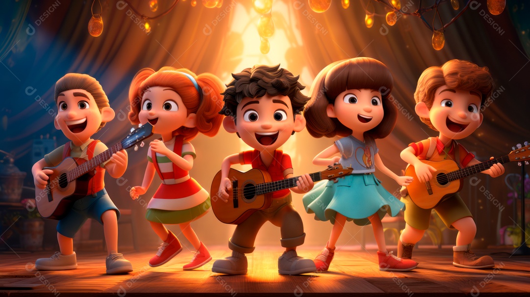 Personagens de desenhos animados cantando e tocando música em um cenário 3D.
