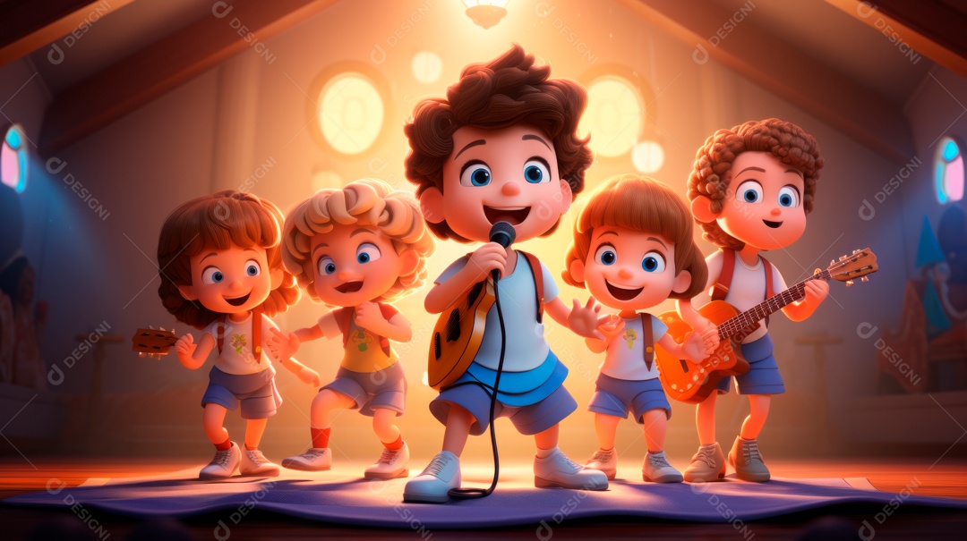 Personagens de desenhos animados cantando e tocando música em um cenário 3D.