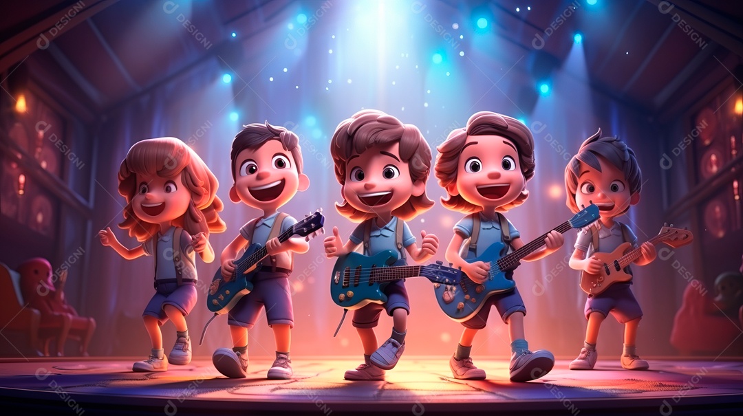 Personagens de desenhos animados cantando e tocando música em um cenário 3D.