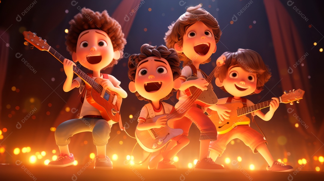 Personagens de desenhos animados cantando e tocando música em um cenário 3D.