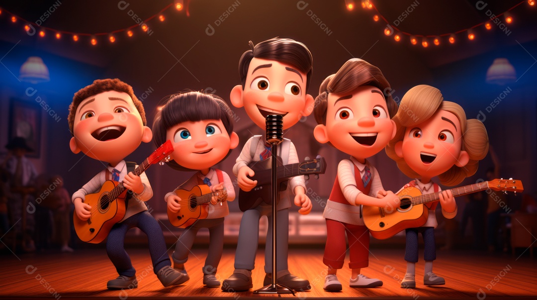 Personagens de desenhos animados comemorando uma festa de aniversário em estilo 3D.