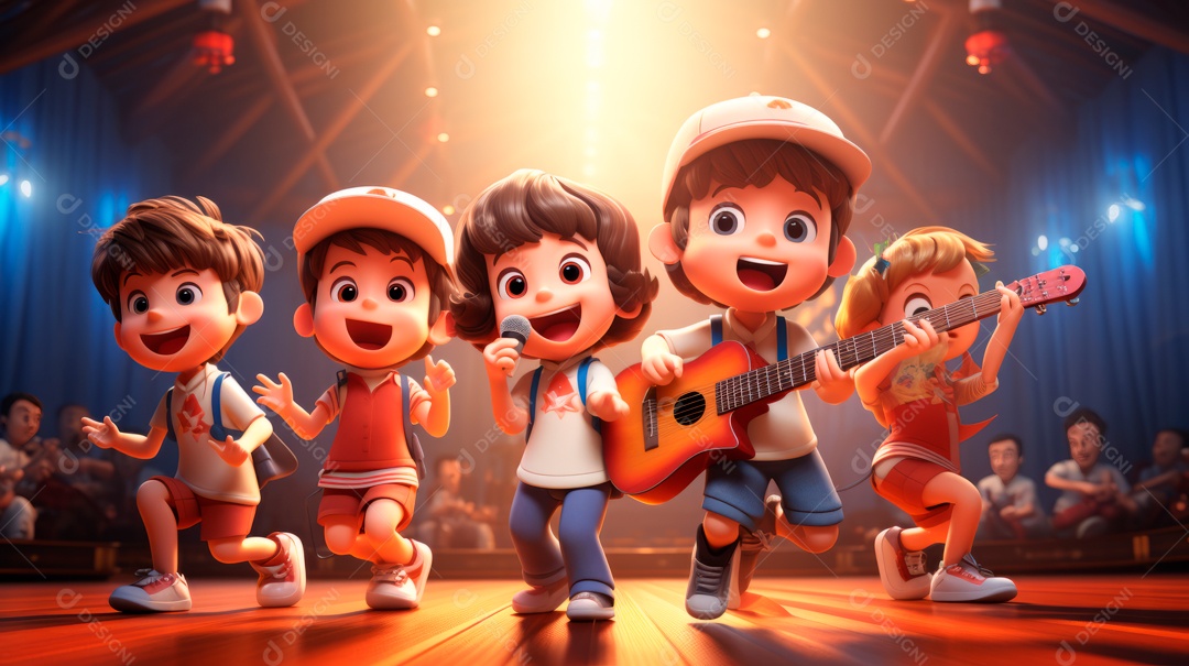 Personagens de desenhos animados comemorando uma festa de aniversário em estilo 3D.