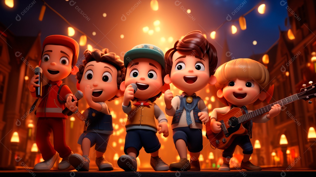 Personagens de desenhos animados comemorando uma festa de aniversário em estilo 3D.