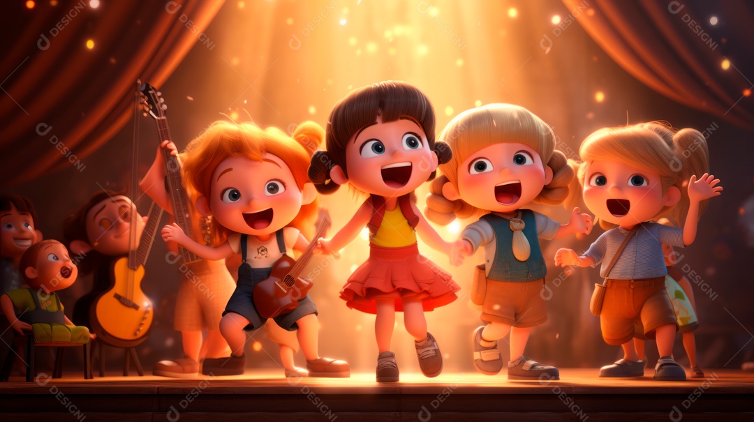 Personagens de desenhos animados comemorando uma festa de aniversário em estilo 3D.