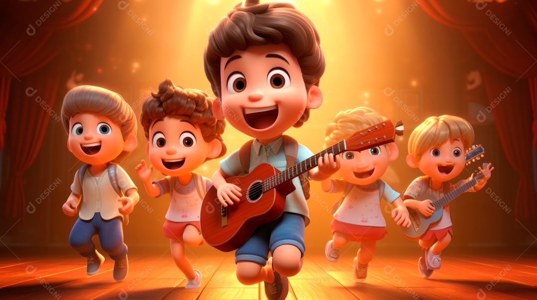 Personagens de desenhos animados comemorando uma festa de aniversário em estilo 3D.