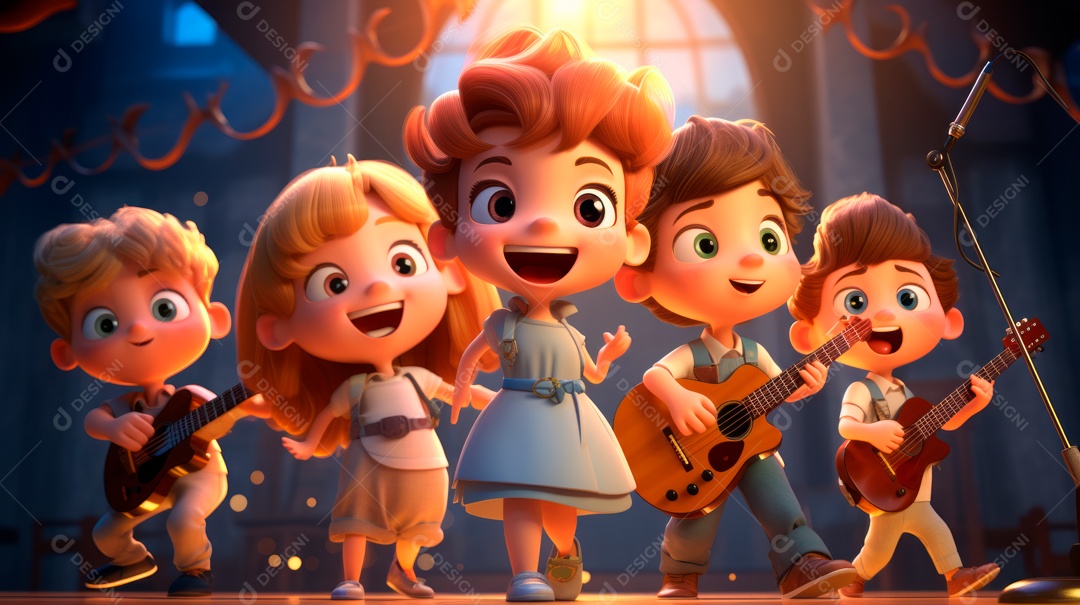 Personagens de desenhos animados comemorando uma festa de aniversário em estilo 3D.