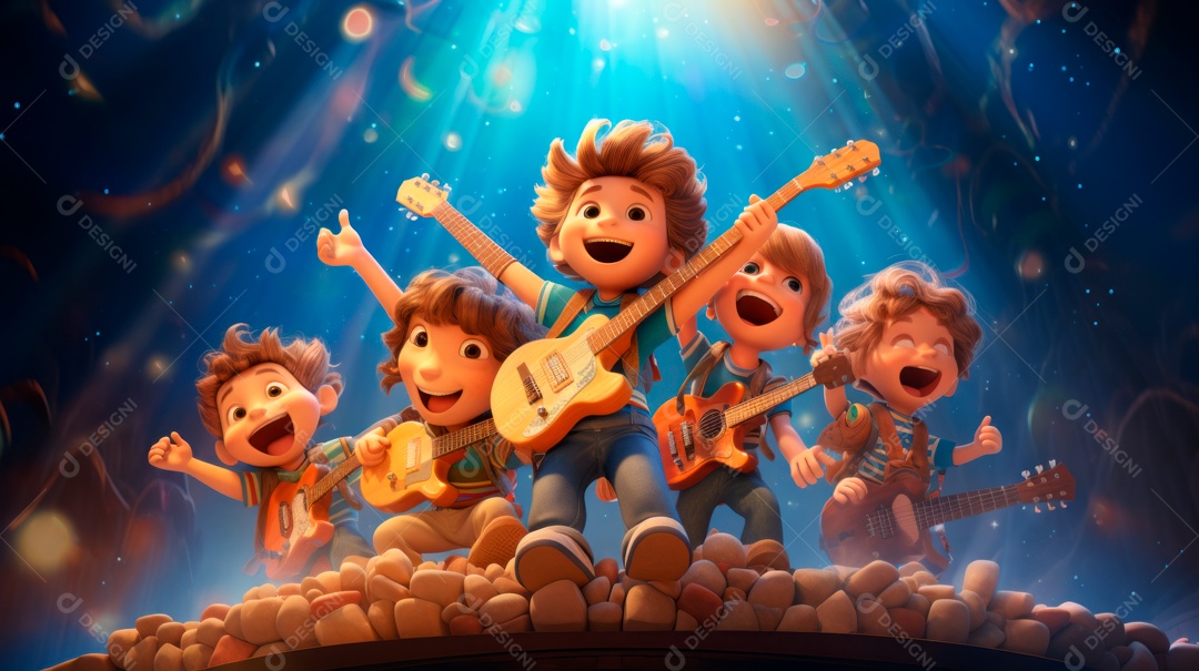 Personagens de desenhos animados comemorando uma festa de aniversário em estilo 3D.