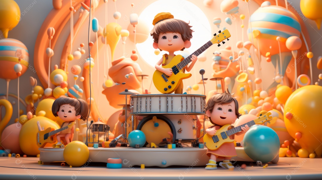 Personagens de desenhos animados comemorando uma festa de aniversário em estilo 3D.