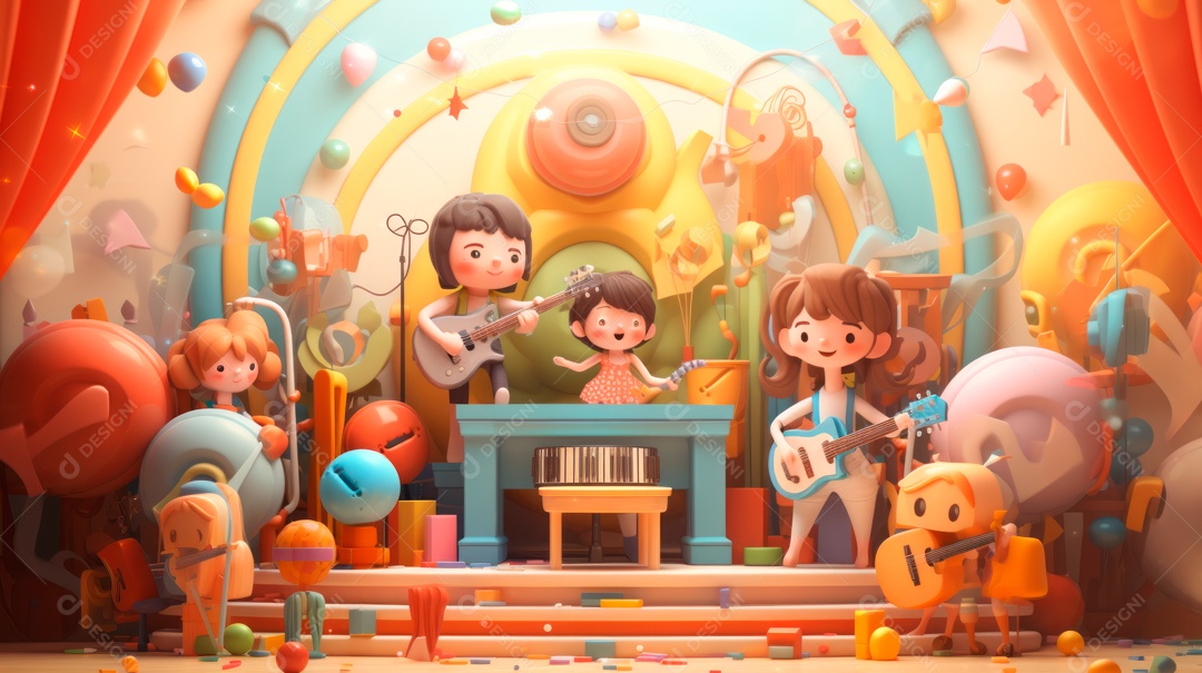 Personagens de desenhos animados comemorando uma festa de aniversário em estilo 3D.
