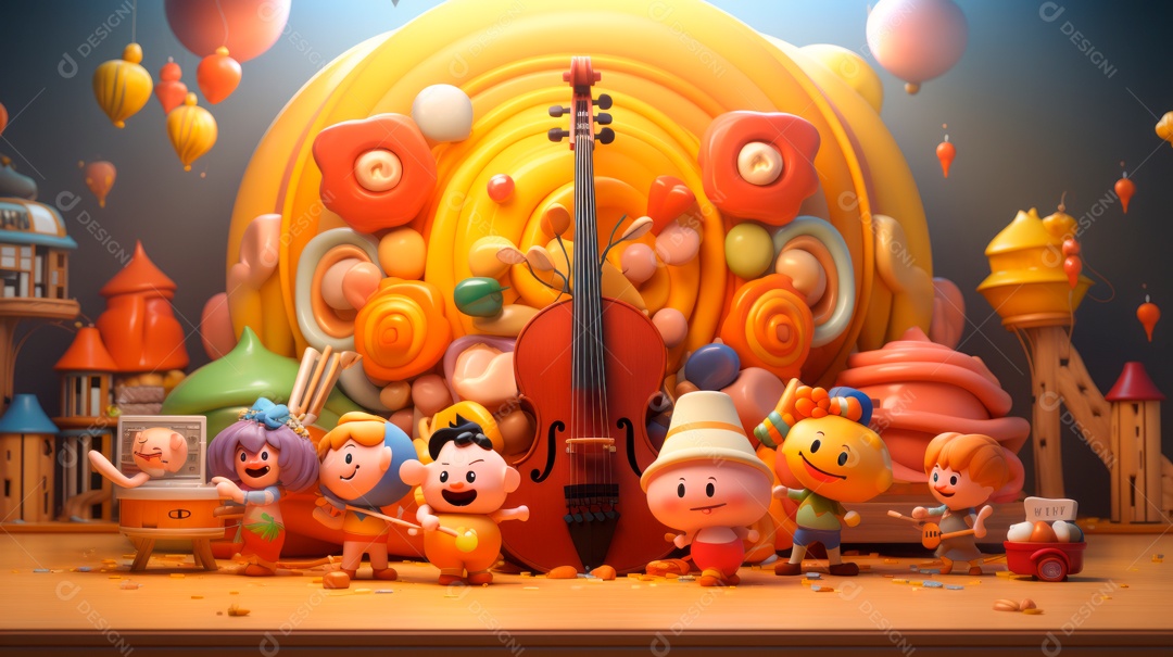 Personagens de desenhos animados cantando e tocando música em um cenário 3D.