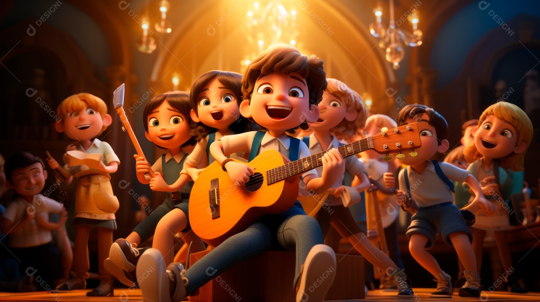 Personagens de desenhos animados comemorando uma festa de aniversário em estilo 3D.