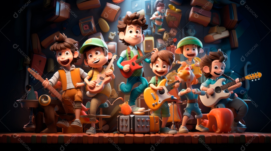 Personagens de desenhos animados comemorando uma festa de aniversário em estilo 3D.