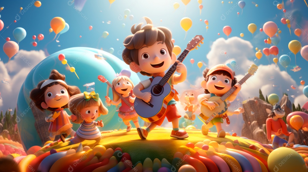 Personagens de desenhos animados comemorando uma festa de aniversário em estilo 3D.