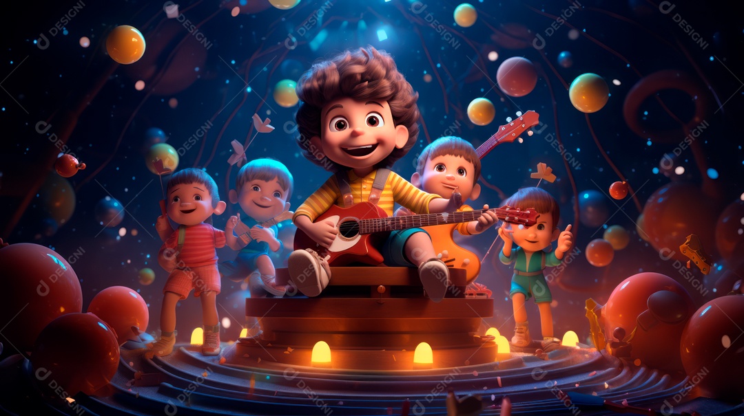 Personagens de desenhos animados comemorando uma festa de aniversário em estilo 3D.