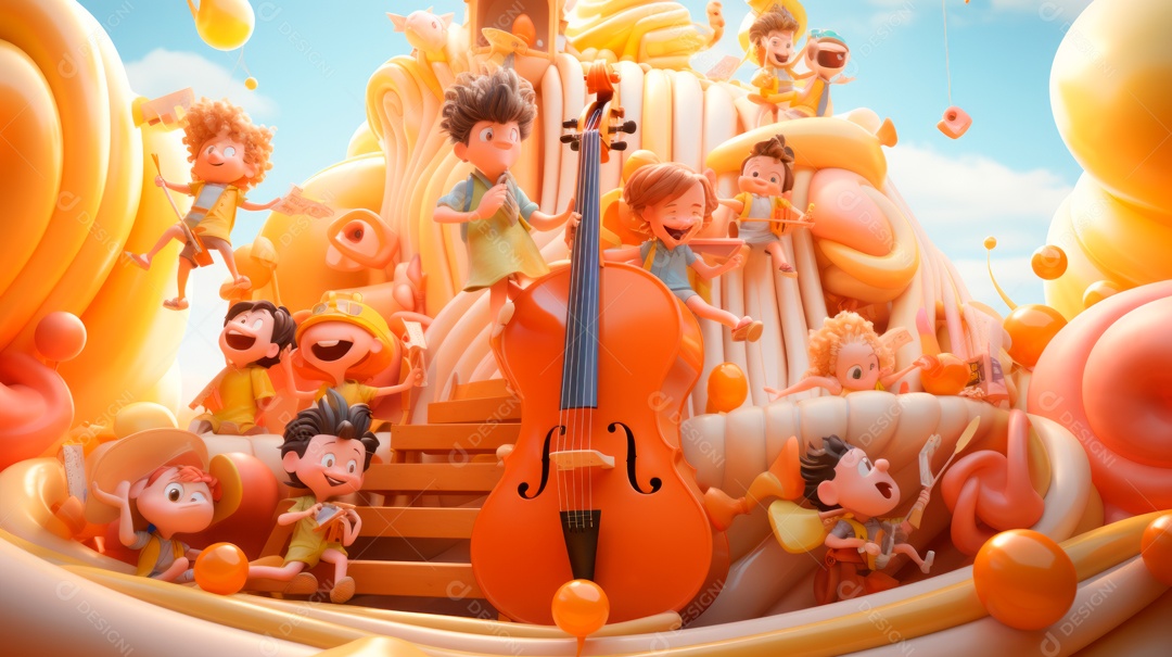 Personagens de desenhos animados comemorando uma festa de aniversário em estilo 3D.