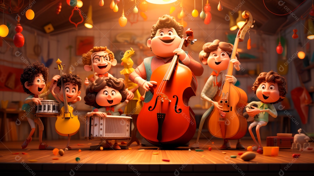 Personagens de desenhos animados comemorando uma festa de aniversário em estilo 3D.