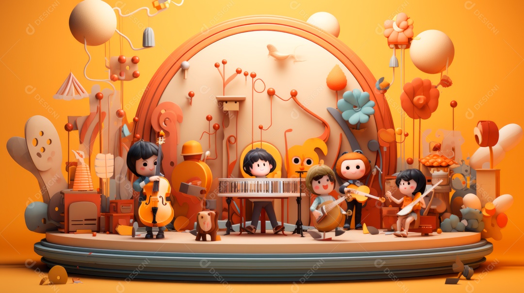 Personagens de desenhos animados comemorando uma festa de aniversário em estilo 3D.