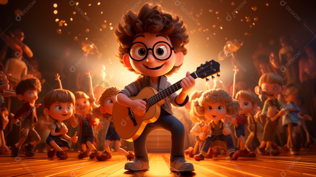 Personagens de desenhos animados comemorando uma festa de aniversário em estilo 3D.