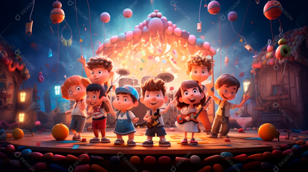 Personagens de desenhos animados comemorando uma festa de aniversário em estilo 3D.