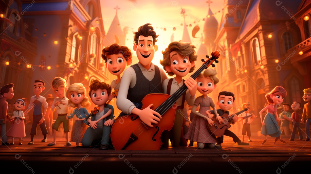 Personagens de desenhos animados comemorando uma festa de aniversário em estilo 3D.