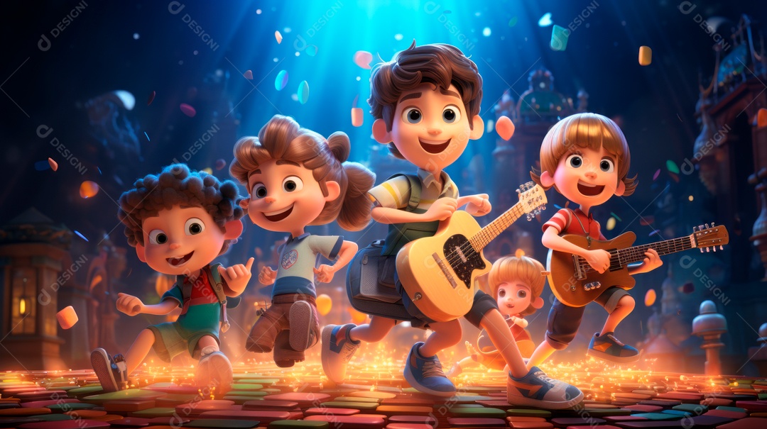 Personagens de desenhos animados comemorando uma festa de aniversário em estilo 3D.