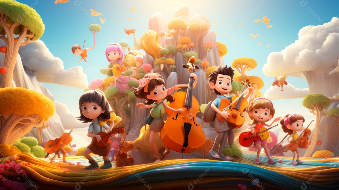 Personagens de desenhos animados comemorando uma festa de aniversário em estilo 3D.