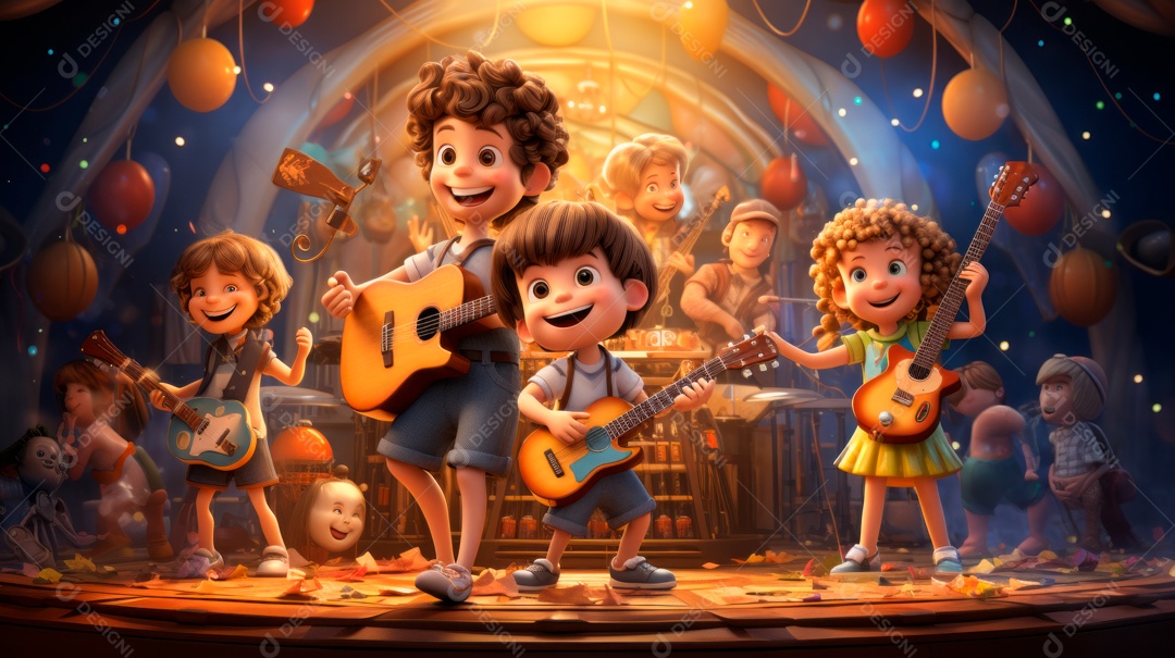 Personagens de desenhos animados comemorando uma festa de aniversário em estilo 3D.