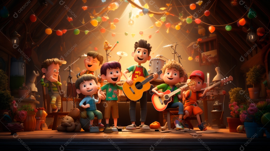 Personagens de desenhos animados comemorando uma festa de aniversário em estilo 3D.