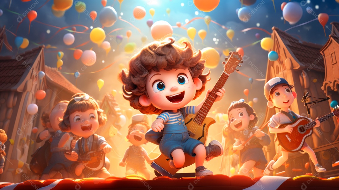 Personagens de desenhos animados comemorando uma festa de aniversário em estilo 3D.