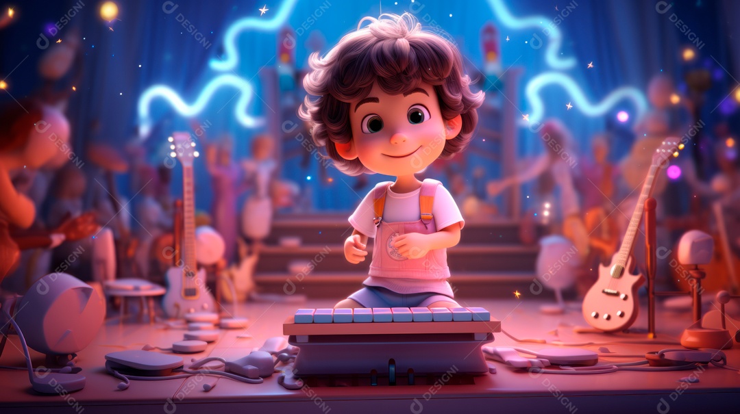 Personagens de desenhos animados comemorando uma festa de aniversário em estilo 3D.