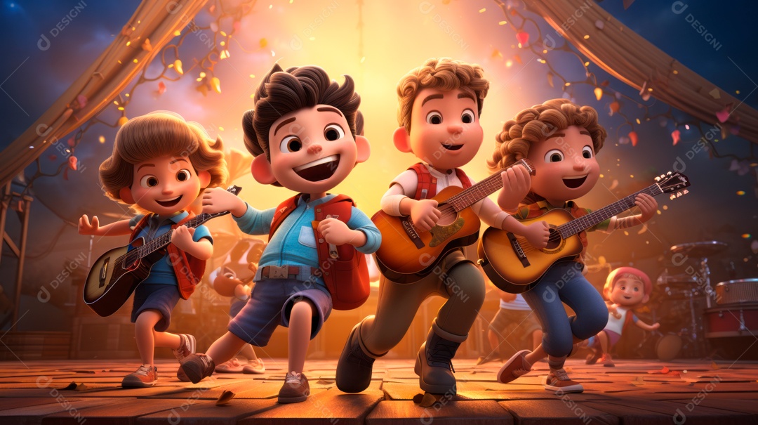 Personagens de desenhos animados comemorando uma festa de aniversário em estilo 3D.