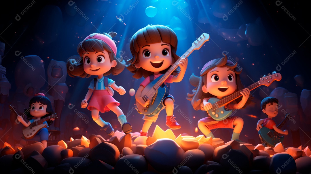 Personagens de desenhos animados comemorando uma festa de aniversário em estilo 3D.