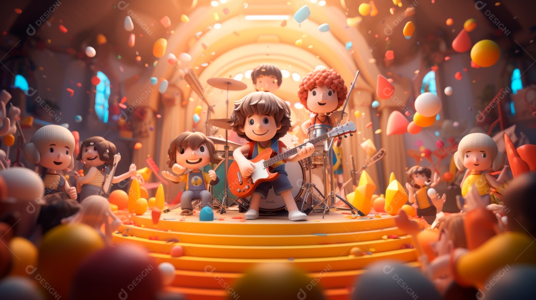 Personagens de desenhos animados comemorando uma festa de aniversário em estilo 3D.