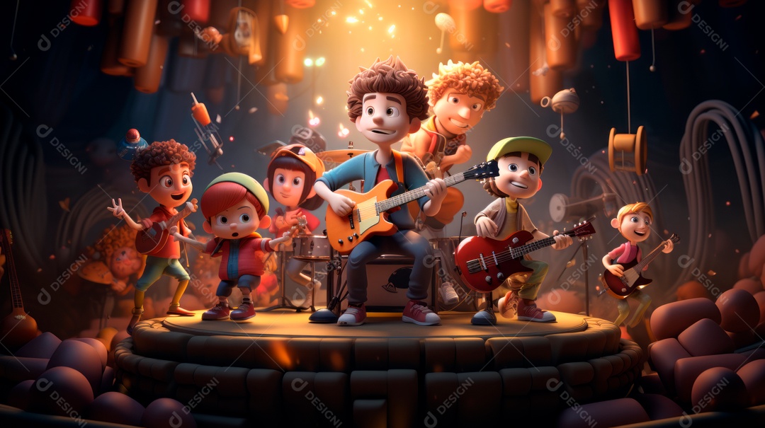 Personagens de desenhos animados comemorando uma festa de aniversário em estilo 3D.